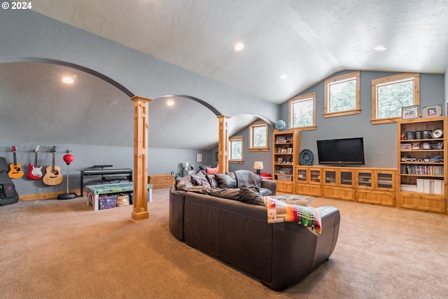 living area with arched walkways, lofted ceiling, carpet, ornate columns, and recessed lighting