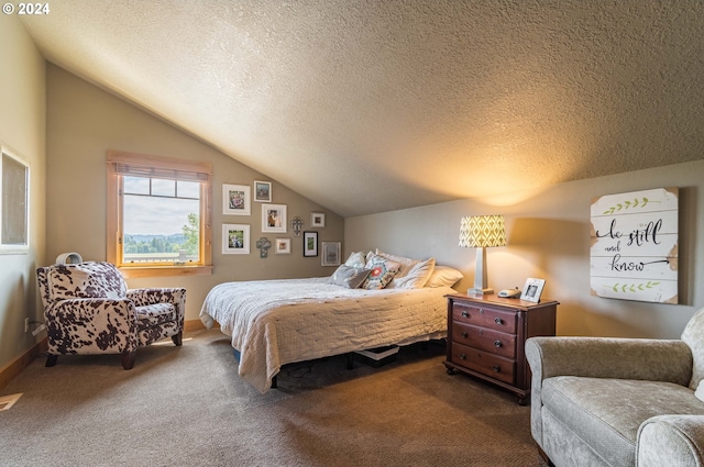 carpeted bedroom featuring lofted ceiling, a textured ceiling, and baseboards