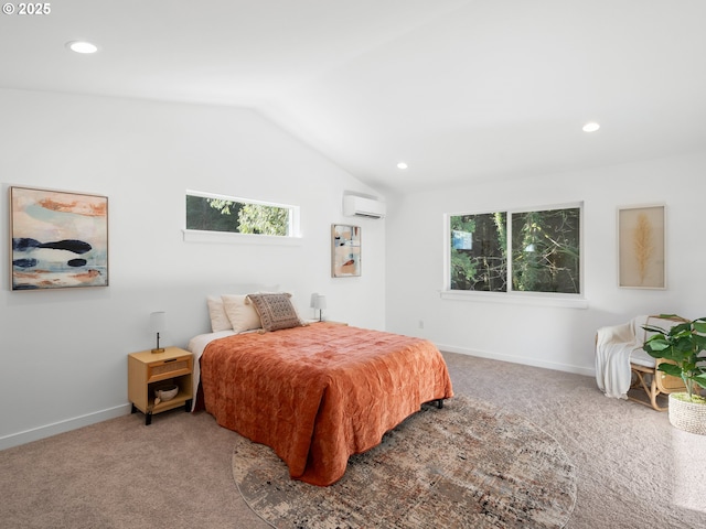 carpeted bedroom with lofted ceiling and a wall unit AC