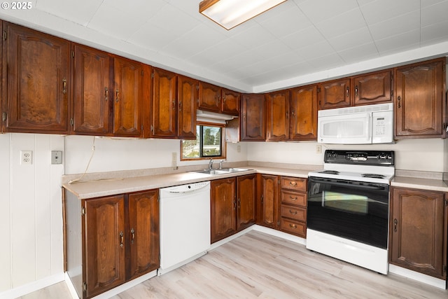 kitchen featuring sink, white appliances, and light hardwood / wood-style floors