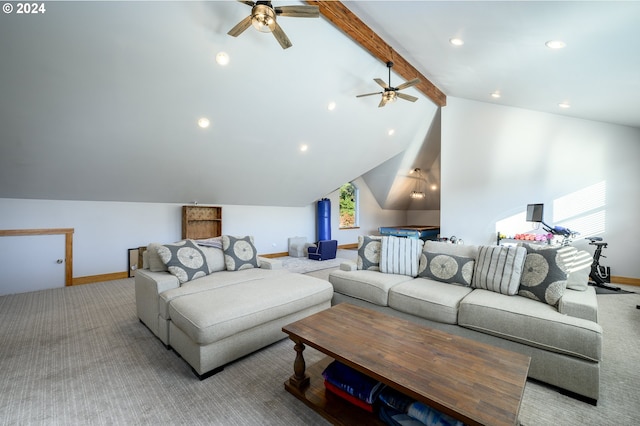 carpeted living room with lofted ceiling with beams and ceiling fan