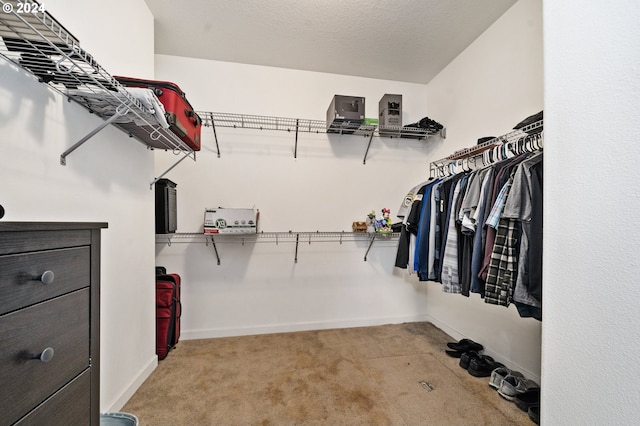 walk in closet featuring light colored carpet