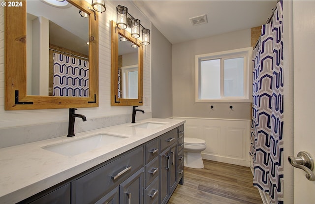 bathroom featuring wood-type flooring, toilet, and vanity