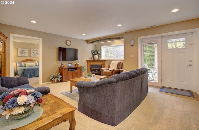 living room with light carpet