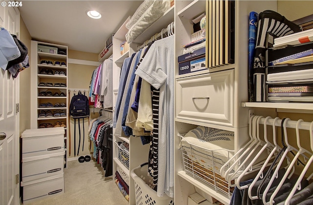 spacious closet featuring light carpet