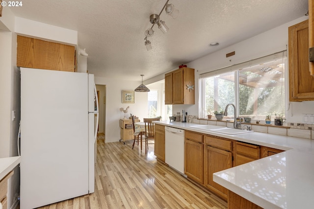 kitchen featuring light wood-type flooring, white appliances, a textured ceiling, decorative light fixtures, and sink