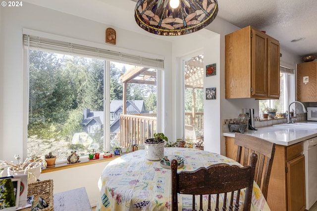 dining area featuring a textured ceiling and sink