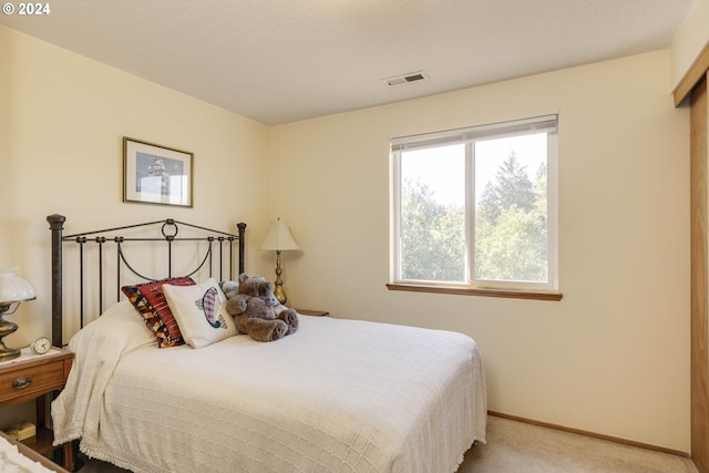 bedroom with light carpet