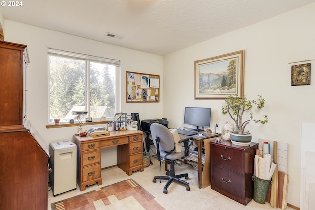 office area with a textured ceiling and light colored carpet