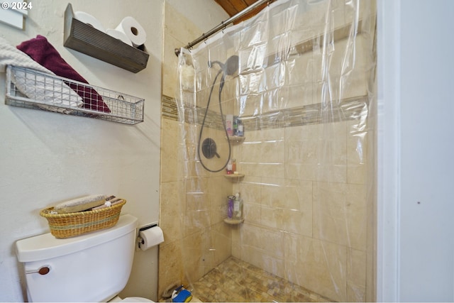 bathroom with toilet and a shower with shower curtain