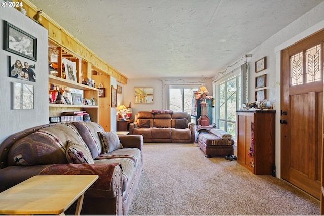 carpeted living room with a textured ceiling