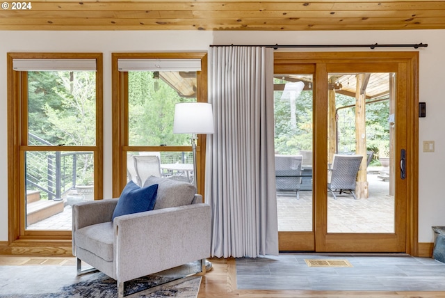 doorway featuring wood ceiling and plenty of natural light