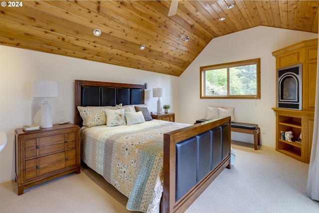 carpeted bedroom with lofted ceiling, ceiling fan, and wooden ceiling