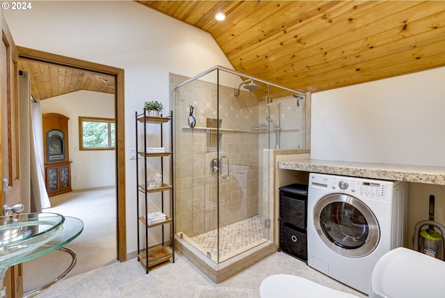 bathroom with lofted ceiling, tile patterned flooring, an enclosed shower, and wooden ceiling