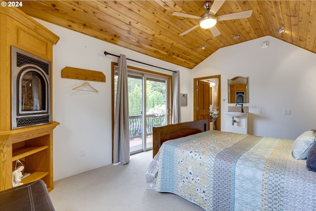 bedroom with access to outside, ceiling fan, carpet, wooden ceiling, and vaulted ceiling