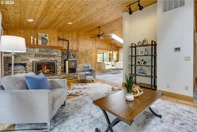 living room with a fireplace, lofted ceiling, ceiling fan, and wooden ceiling