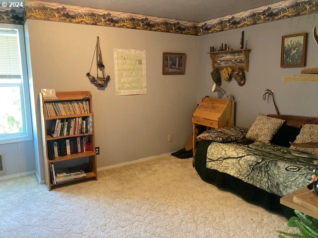 living area featuring a textured ceiling, carpet floors, and plenty of natural light