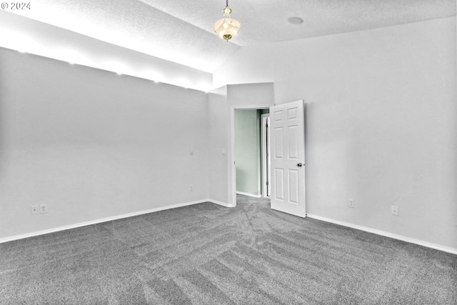 carpeted spare room with a textured ceiling and vaulted ceiling