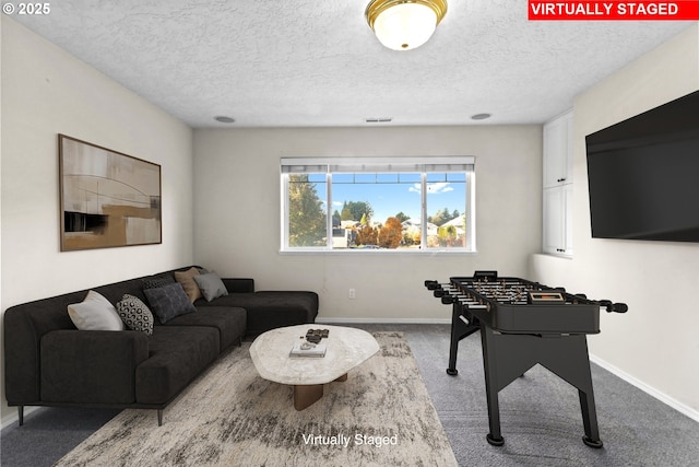 carpeted living room with a textured ceiling