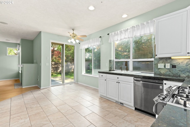 kitchen featuring tasteful backsplash, sink, white cabinets, and stainless steel dishwasher