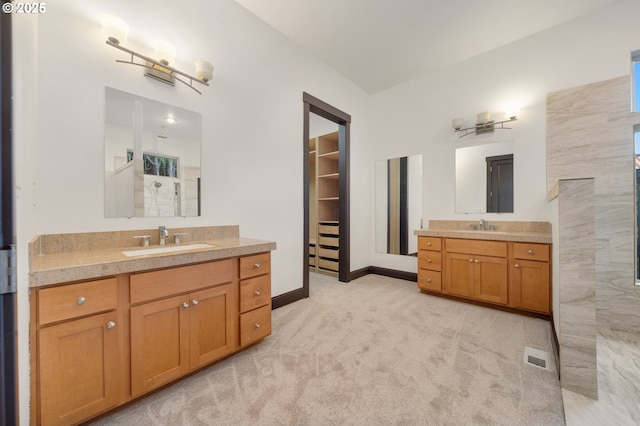 bathroom with walk in shower and vanity