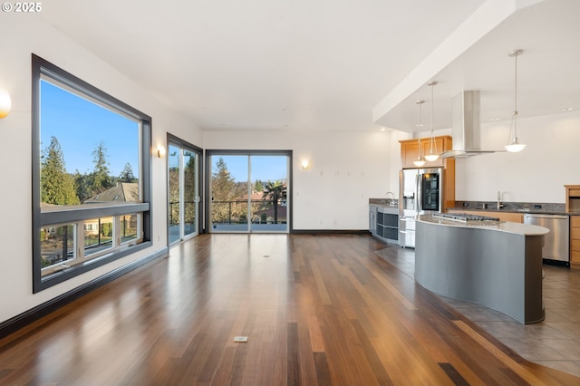 kitchen with decorative light fixtures, a healthy amount of sunlight, appliances with stainless steel finishes, and island range hood