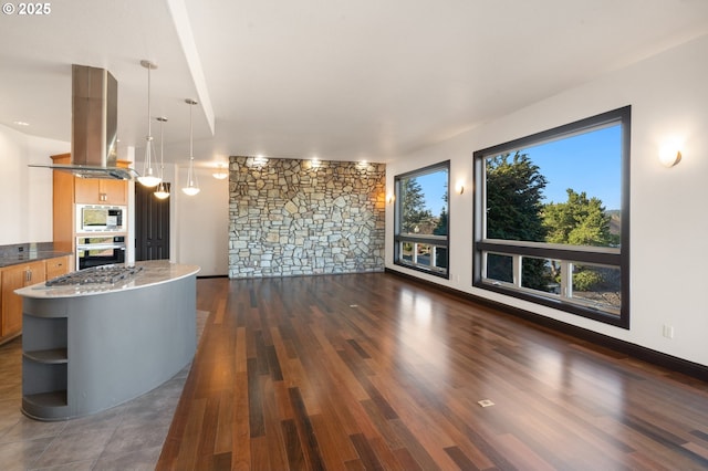 living room with dark hardwood / wood-style flooring