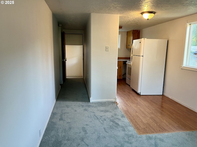 kitchen with light carpet, a textured ceiling, and white appliances