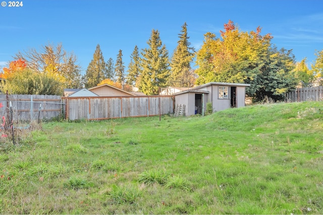 view of yard featuring a shed