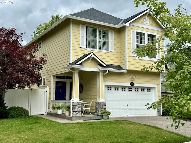 view of front of home featuring a front yard, a porch, and a garage