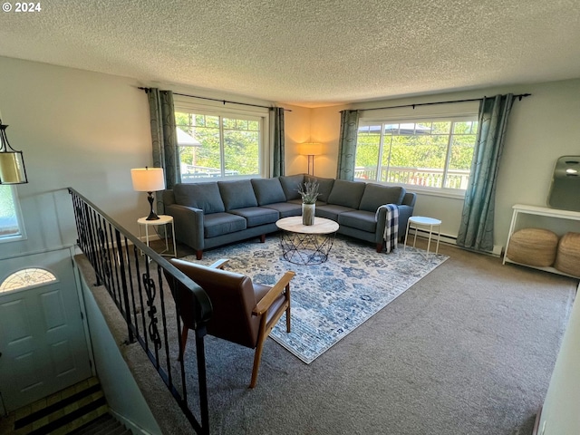 living room featuring a baseboard radiator, carpet, and a textured ceiling