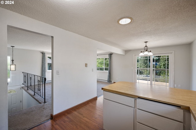 kitchen with dark carpet, a textured ceiling, an inviting chandelier, a baseboard radiator, and decorative light fixtures