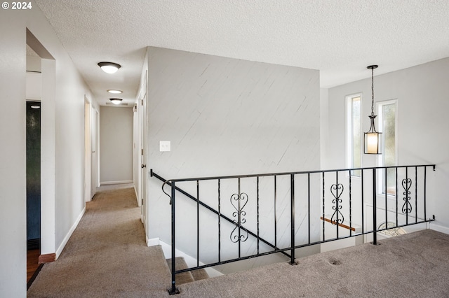 hall featuring carpet floors and a textured ceiling