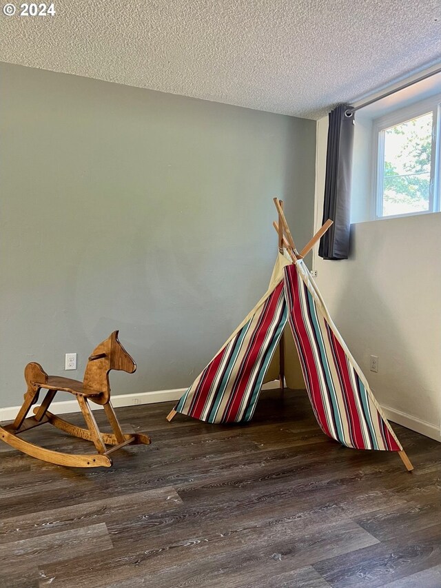 recreation room with hardwood / wood-style floors and a textured ceiling