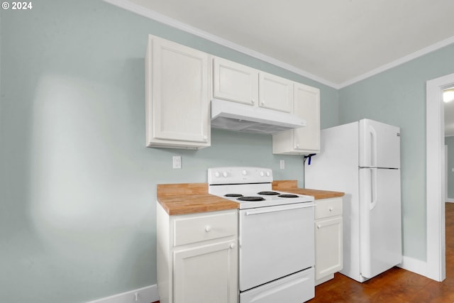 kitchen featuring dark hardwood / wood-style flooring, white cabinetry, crown molding, and white appliances