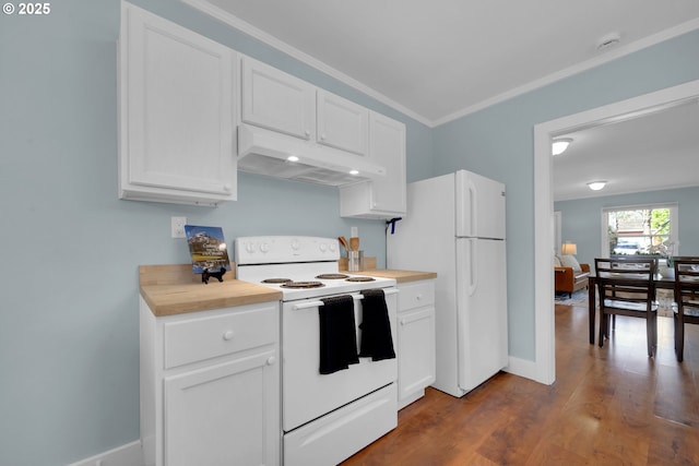 kitchen featuring baseboards, white cabinetry, white appliances, under cabinet range hood, and dark wood-type flooring