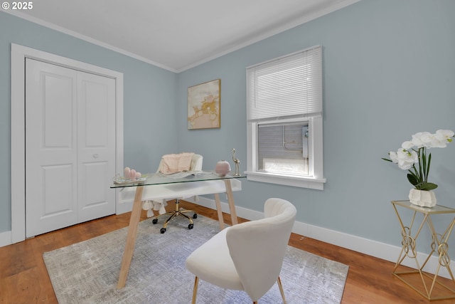 office with wood finished floors, baseboards, and ornamental molding