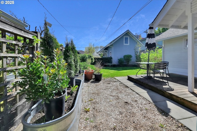 view of yard featuring fence and a wooden deck
