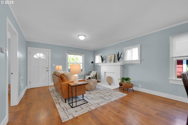 living room featuring wood finished floors, baseboards, and ornamental molding