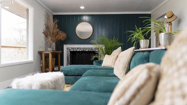 living area featuring ornamental molding, a fireplace, and recessed lighting