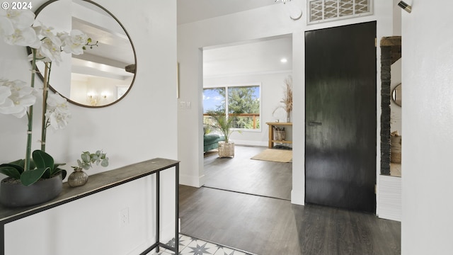 entrance foyer with visible vents, baseboards, and wood finished floors