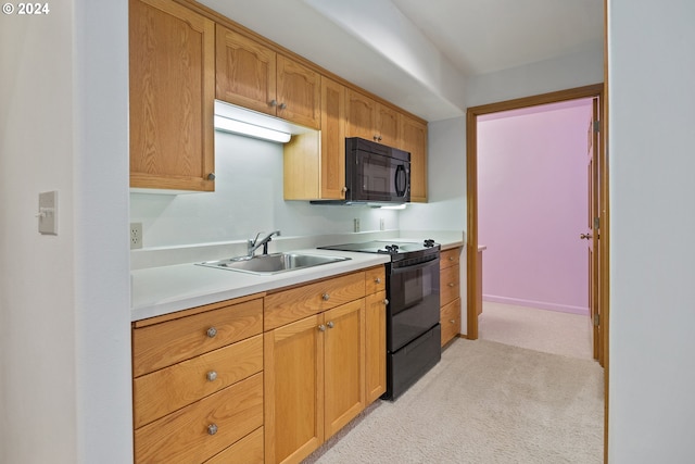 kitchen featuring light carpet, black appliances, and sink