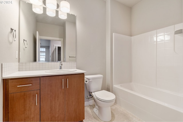 full bathroom featuring decorative backsplash, vanity, shower / tub combination, tile patterned flooring, and toilet