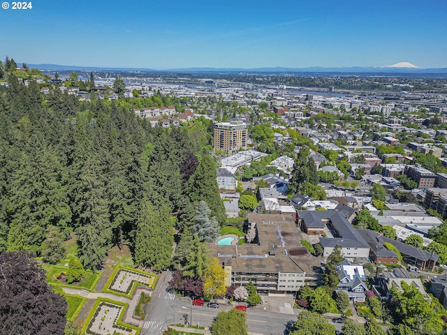 drone / aerial view featuring a mountain view