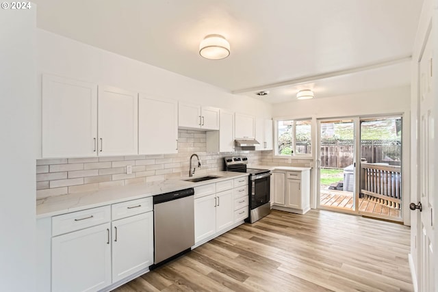 kitchen with white cabinetry, sink, stainless steel appliances, tasteful backsplash, and light hardwood / wood-style floors