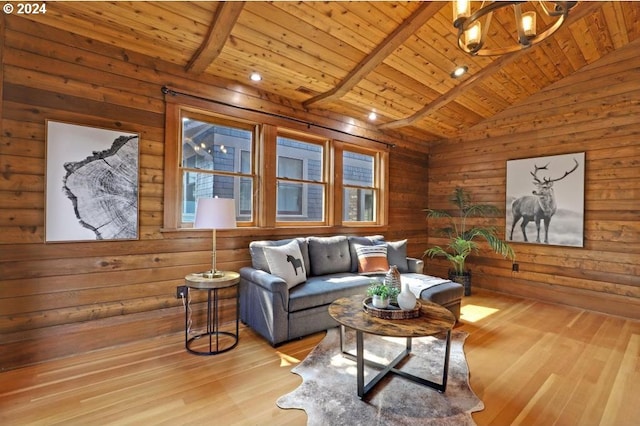 living room featuring wood ceiling and light hardwood / wood-style floors