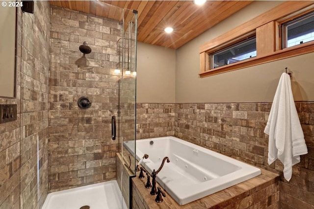 bathroom featuring wooden ceiling and plus walk in shower