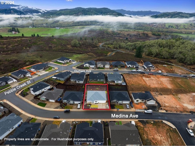 birds eye view of property with a mountain view