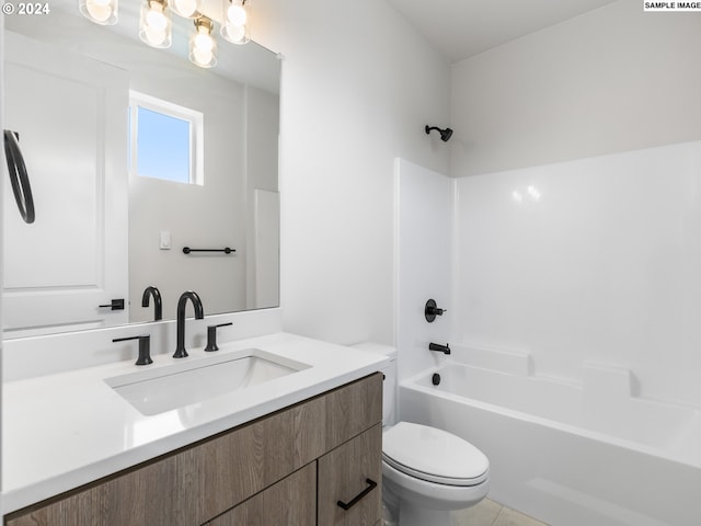 full bathroom with tile patterned flooring, vanity,  shower combination, and toilet