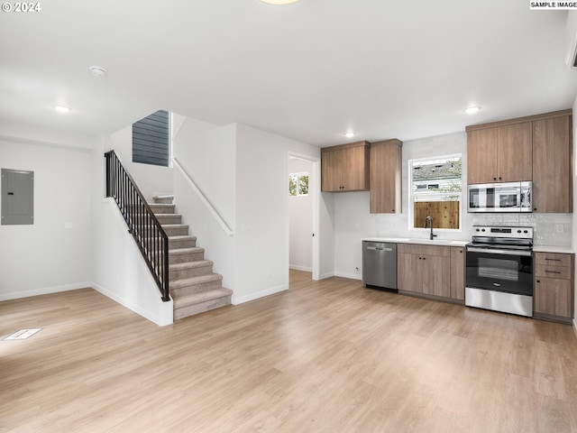 kitchen featuring sink, stainless steel appliances, tasteful backsplash, electric panel, and light hardwood / wood-style floors